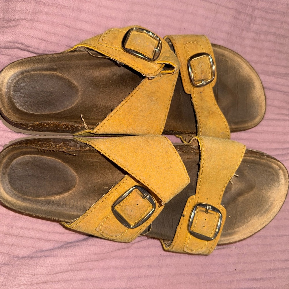 Yellow Suede Buckle Slide Sandals